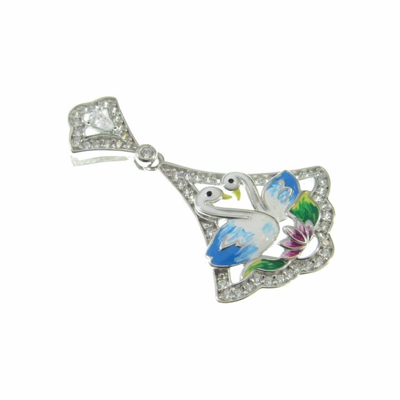 Solid 925 Sterling Silver and Blue & White Enamel Swans Pendant, Colorful Charm - Picture 6 of 8